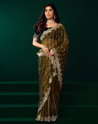Women mehendi green embroidered net saree 3