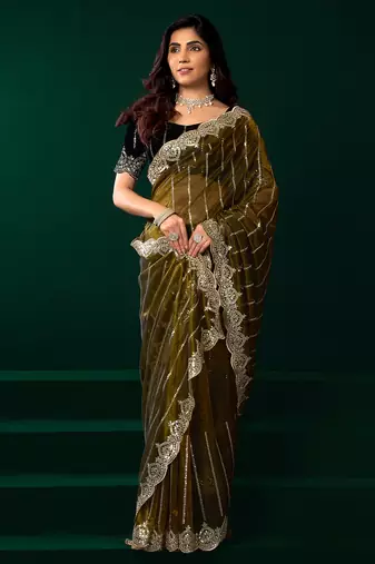 Women mehendi green embroidered net saree