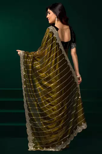Women mehendi green embroidered net saree