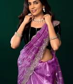 Women lavender embroidered net saree