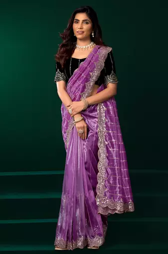 Women lavender embroidered net saree