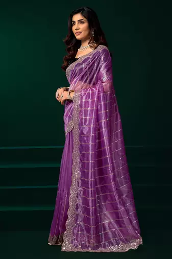 Women lavender embroidered net saree