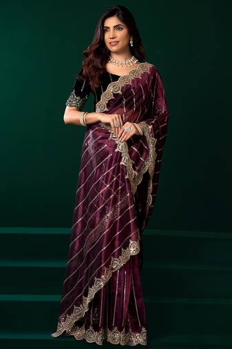 Women purple embroidered net saree
