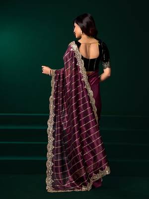Women purple embroidered net saree 4