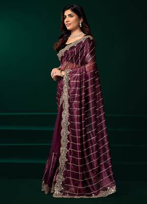 Women purple embroidered net saree 5