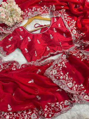 Red embroidered saree 5