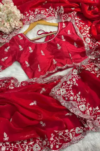 Red embroidered saree