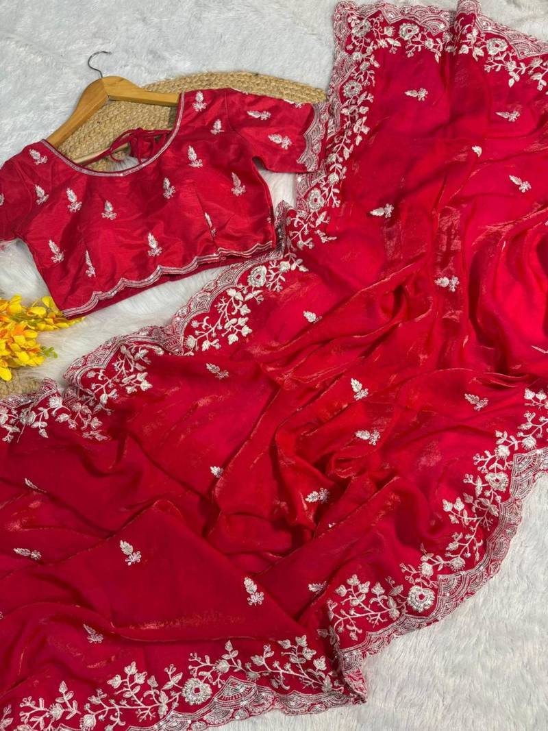 Red embroidered saree
