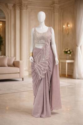 lavender pre draped embroidered saree 5