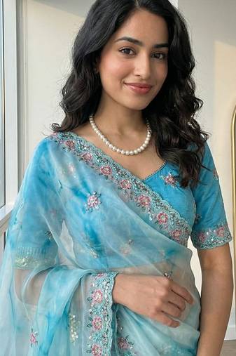 Blue Color embroidery work and sequence border Chiffon Saree