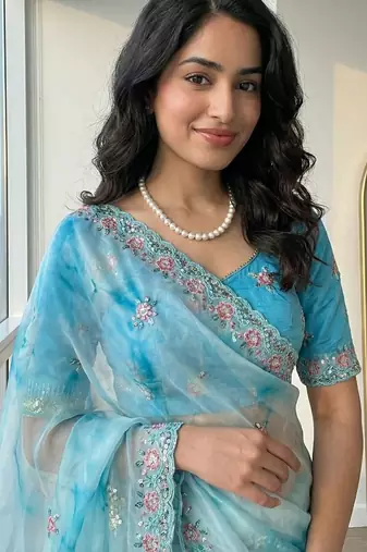 Blue Color embroidery work and sequence border Chiffon Saree