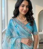 Blue Color embroidery work and sequence border Chiffon Saree