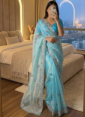 Blue Color embroidery work and sequence border Chiffon Saree 2