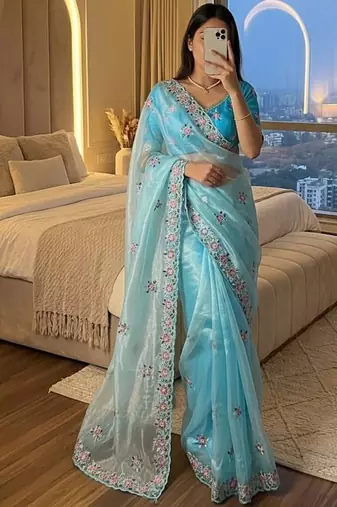 Blue Color embroidery work and sequence border Chiffon Saree