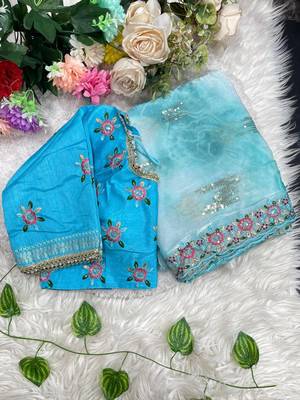 Blue Color embroidery work and sequence border Chiffon Saree 3