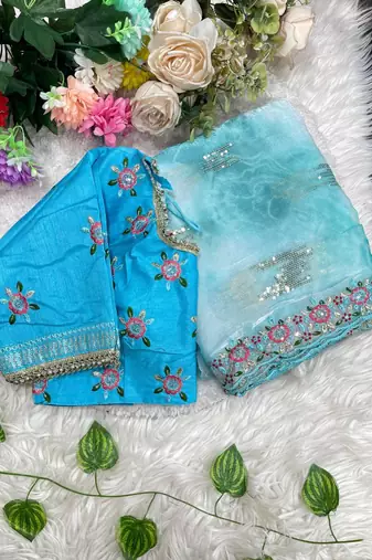 Blue Color embroidery work and sequence border Chiffon Saree