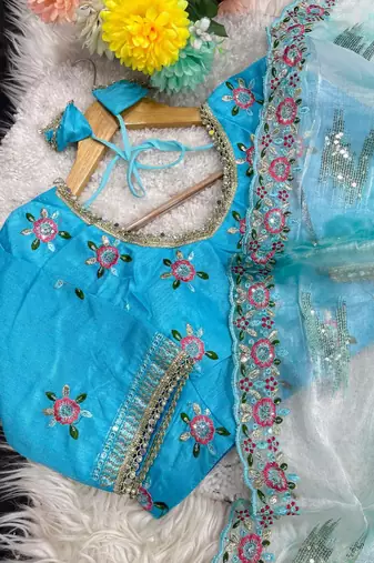 Blue Color embroidery work and sequence border Chiffon Saree