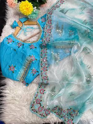 Blue Color embroidery work and sequence border Chiffon Saree 5