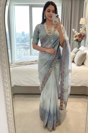 Grey Color embroidery work and sequence border Chiffon Saree