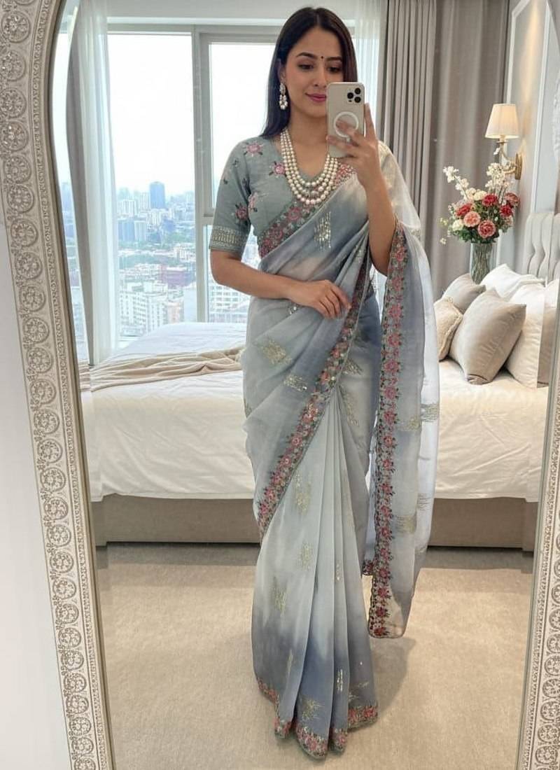 Grey Color embroidery work and sequence border Chiffon Saree