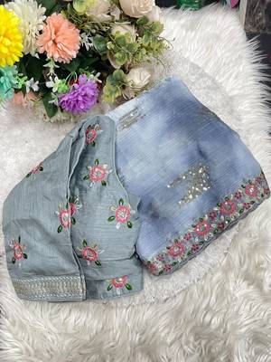 Grey Color embroidery work and sequence border Chiffon Saree 2