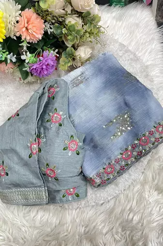 Grey Color embroidery work and sequence border Chiffon Saree