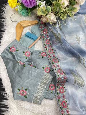 Grey Color embroidery work and sequence border Chiffon Saree 3