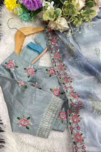 Grey Color embroidery work and sequence border Chiffon Saree