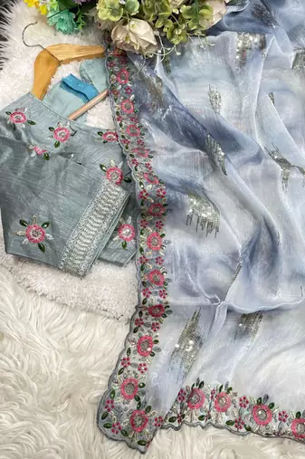 Grey Color embroidery work and sequence border Chiffon Saree