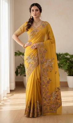 Yellow chiffon embroidered saree 1
