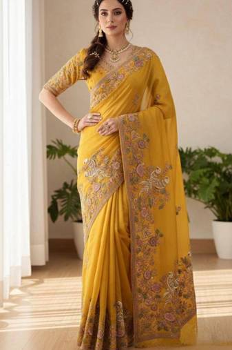 Yellow chiffon embroidered saree
