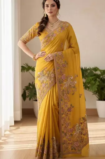 Yellow chiffon embroidered saree