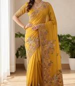 Yellow chiffon embroidered saree