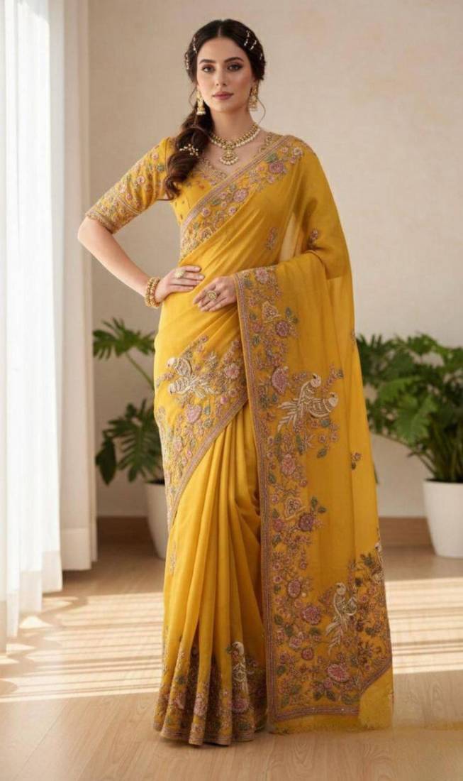 Yellow chiffon embroidered saree