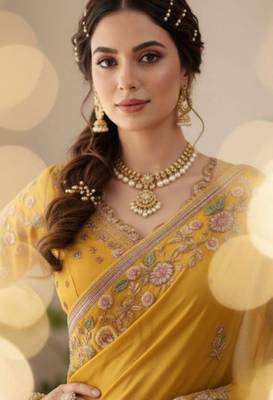 Yellow chiffon embroidered saree 3