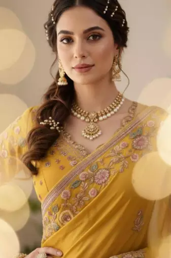 Yellow chiffon embroidered saree