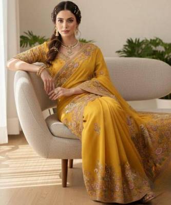 Yellow chiffon embroidered saree 4