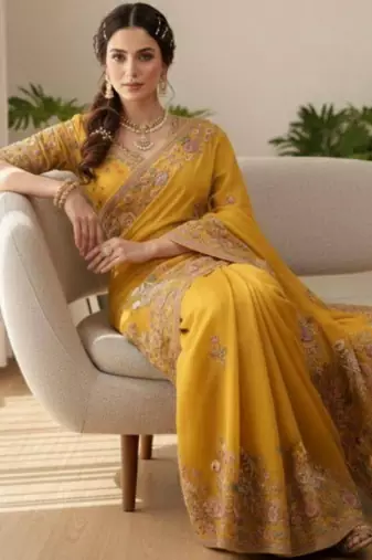 Yellow chiffon embroidered saree