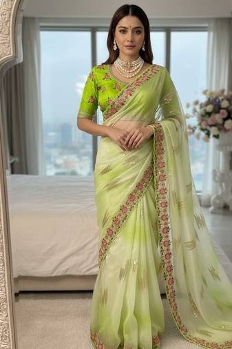 Parrot Green Color embroidery work and sequence border Chiffon Saree