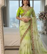 Parrot Green Color embroidery work and sequence border Chiffon Saree