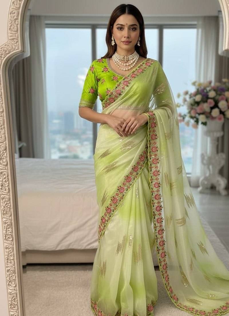Parrot Green Color embroidery work and sequence border Chiffon Saree