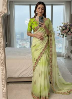 Parrot Green Color embroidery work and sequence border Chiffon Saree 2