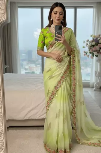 Parrot Green Color embroidery work and sequence border Chiffon Saree