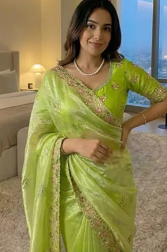 Parrot Green Color embroidery work and sequence border Chiffon Saree