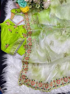 Parrot Green Color embroidery work and sequence border Chiffon Saree 5
