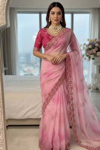 Pink Color embroidery work and sequence border Chiffon Saree