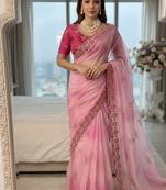Pink Color embroidery work and sequence border Chiffon Saree