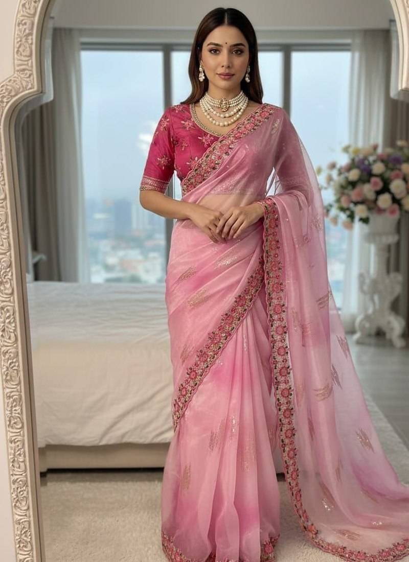 Pink Color embroidery work and sequence border Chiffon Saree