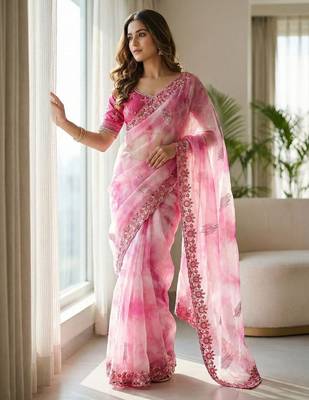Pink Color embroidery work and sequence border Chiffon Saree 2