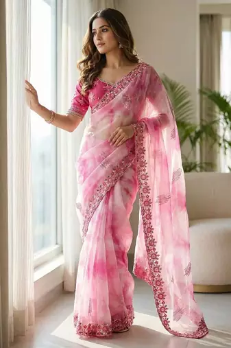 Pink Color embroidery work and sequence border Chiffon Saree